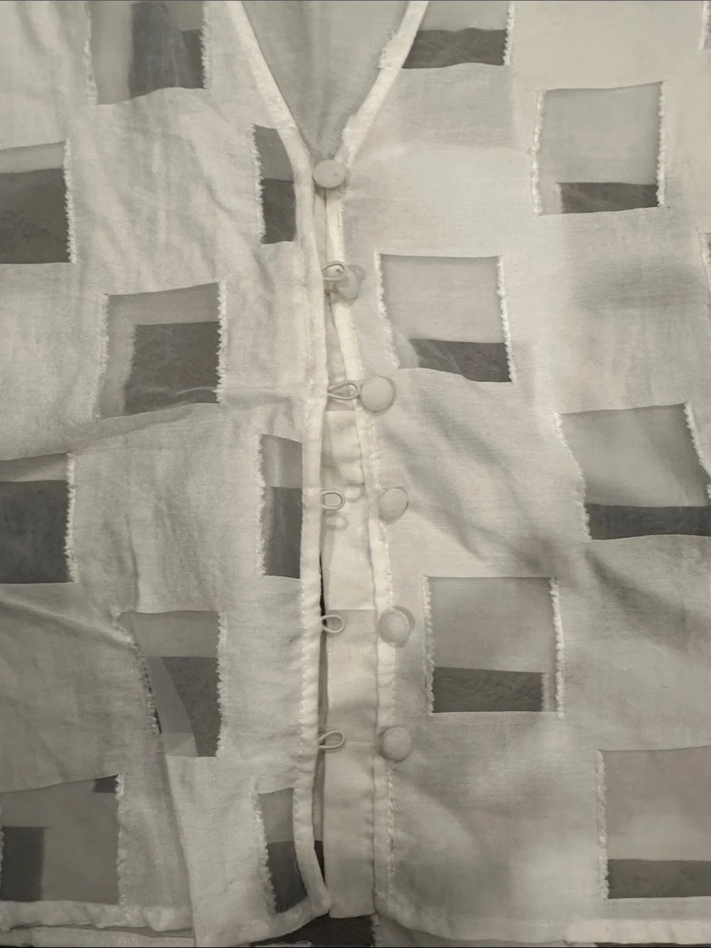Zara White Sheer Square-Pattern Button-Up Blouse